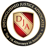 Distinguished Justice Advocates badge featuring a red and white crest and text border.