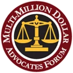 Multi-Million Dollar Advocates Forum circular badge featuring a scale emblem and red border.