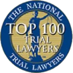 National Trial Lawyers Top 100 circular blue badge featuring text border and emblem.
